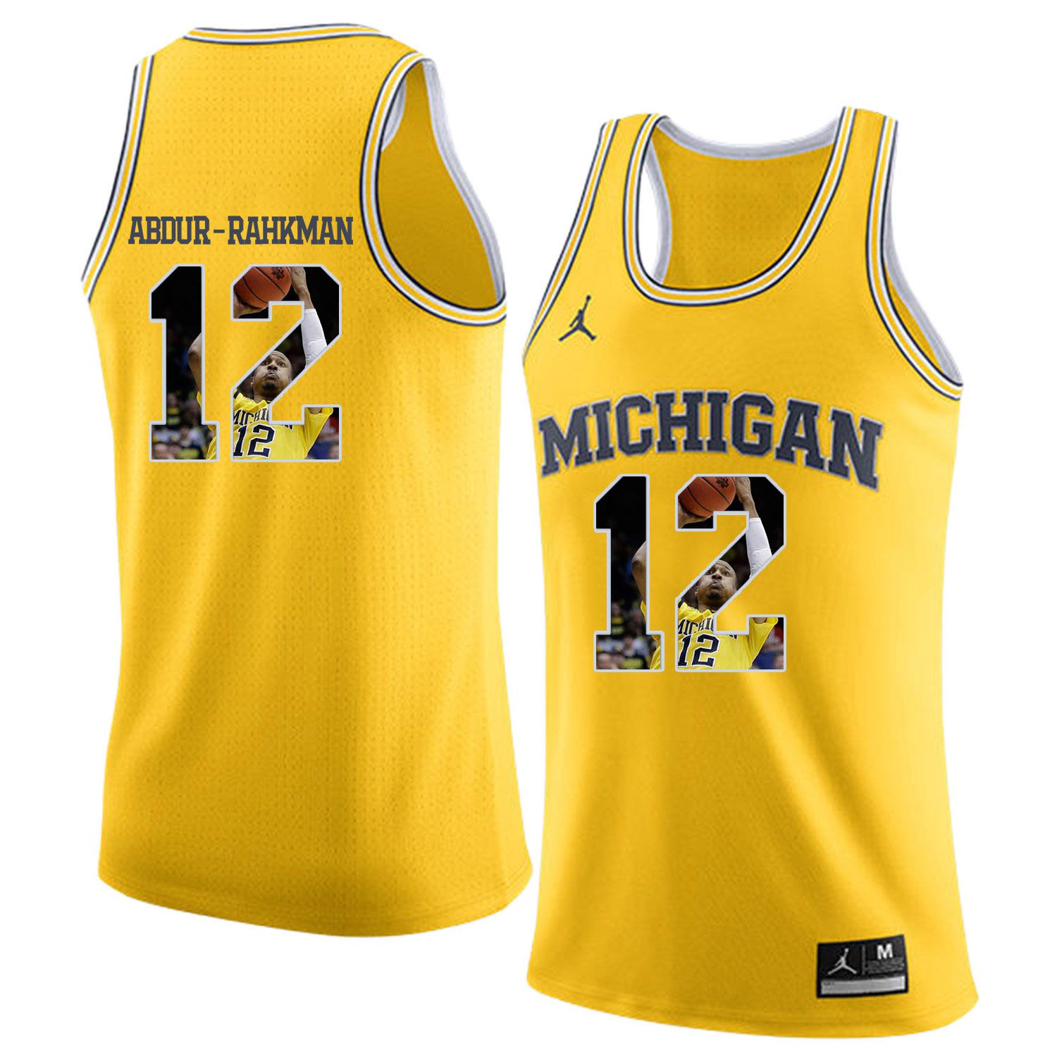 Men Jordan University of Michigan Basketball Yellow 12 Abdur-Rahkman Fashion Edition Customized NCAA Jerseys